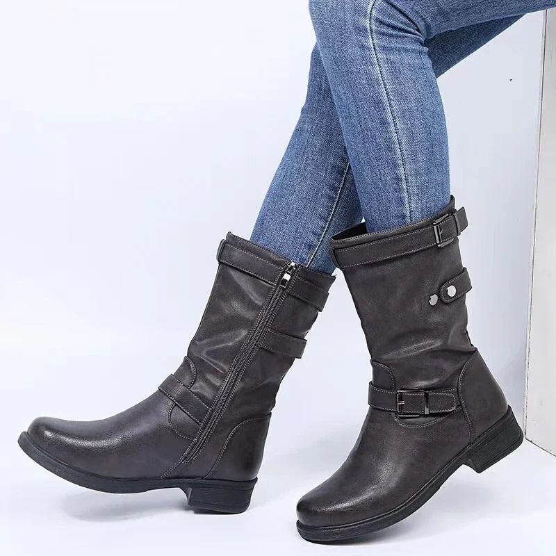 Xylara | Women's Buckle Strap Side Zip Mid-Calf Boots