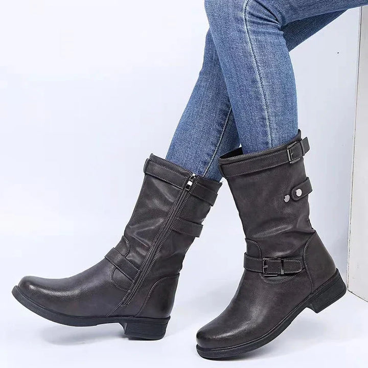 Xylara | Women's Buckle Strap Side Zip Mid-Calf Boots