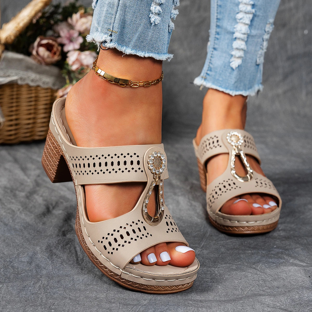 Maris | Women's Stylish Block Heeled Sandals with Perforated Detail