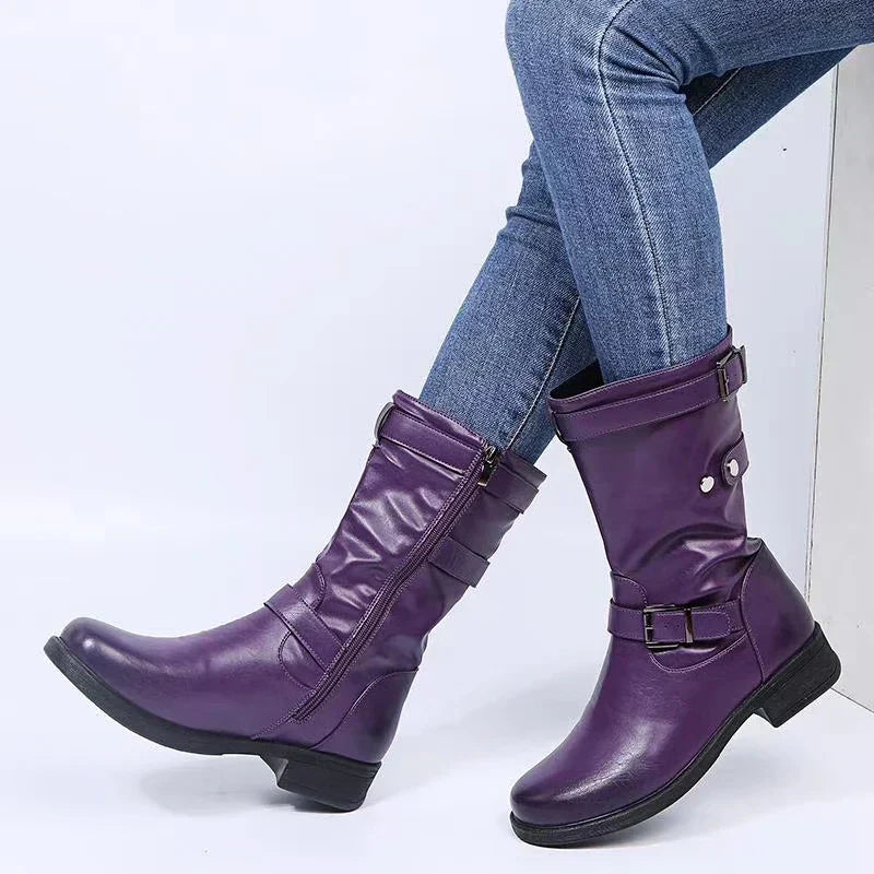 Xylara | Women's Buckle Strap Side Zip Mid-Calf Boots