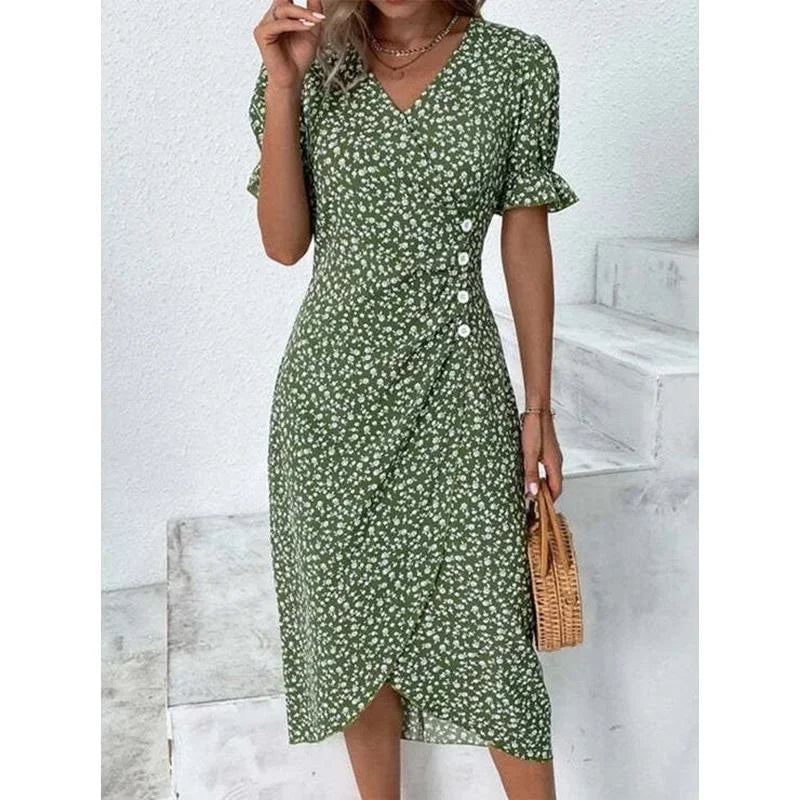 Jobst | Women's Floral Button Front Puff Sleeve Midi Dress