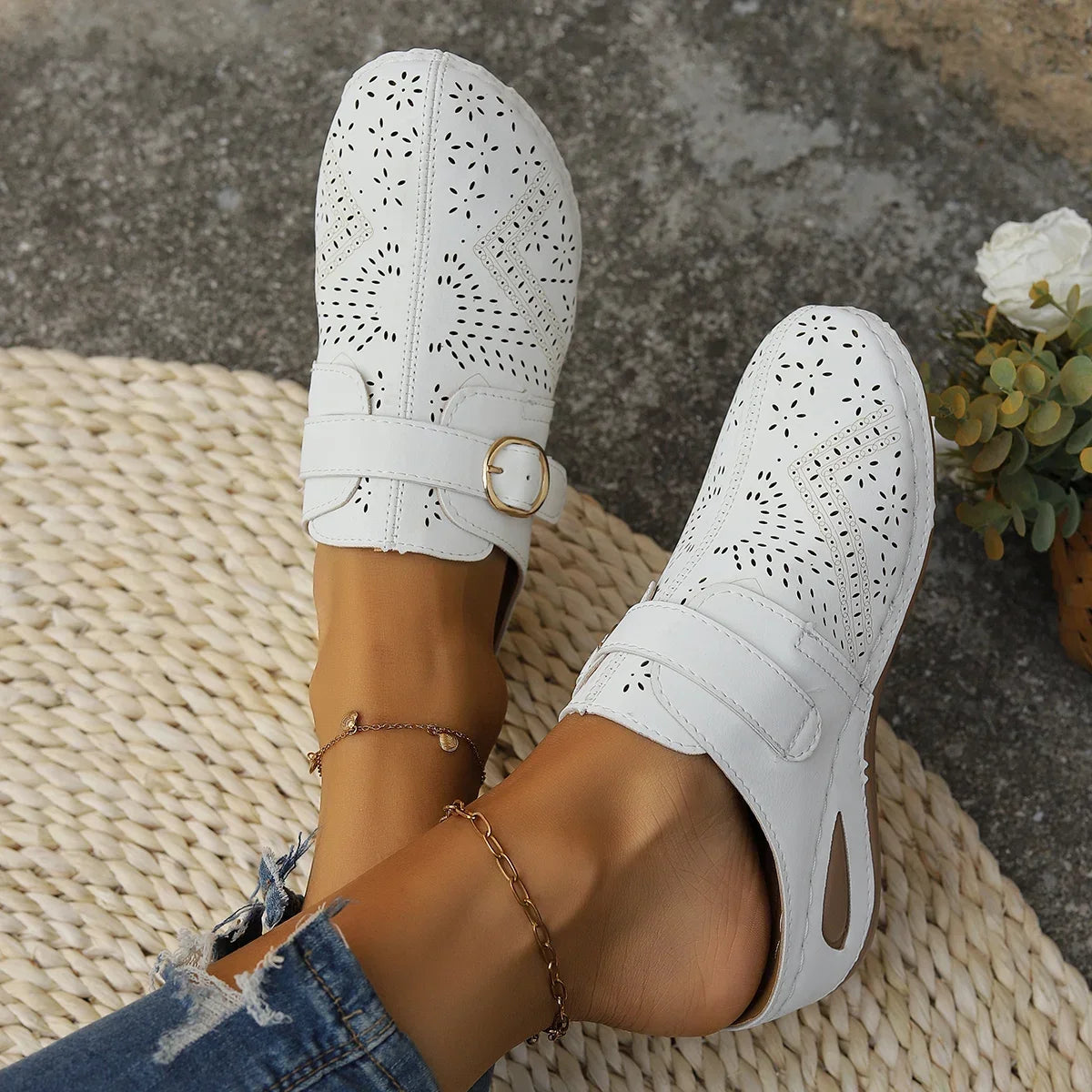Delphine | Women's Vintage Clogs with Perforated Design Buckle Strap