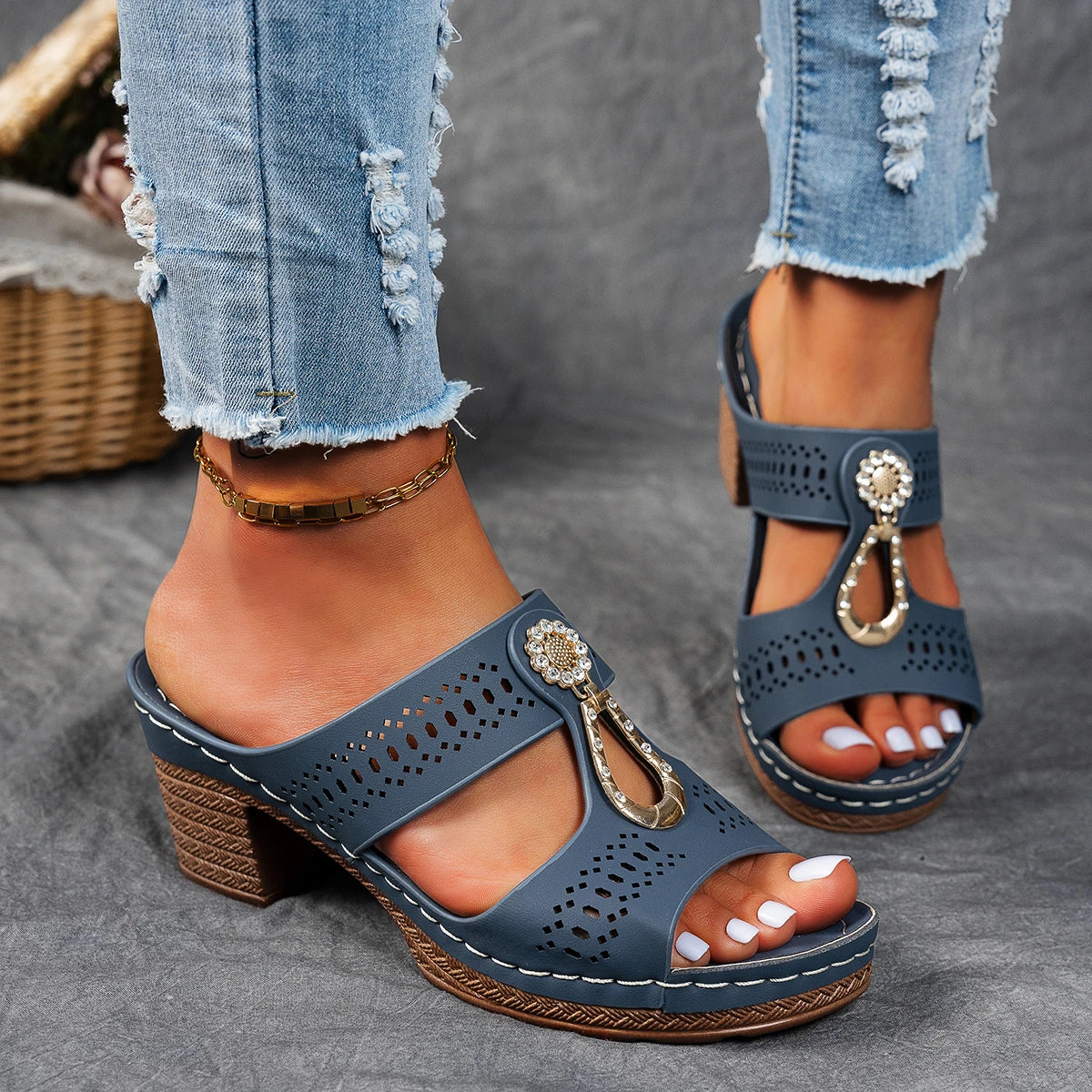 Maris | Women's Stylish Block Heeled Sandals with Perforated Detail