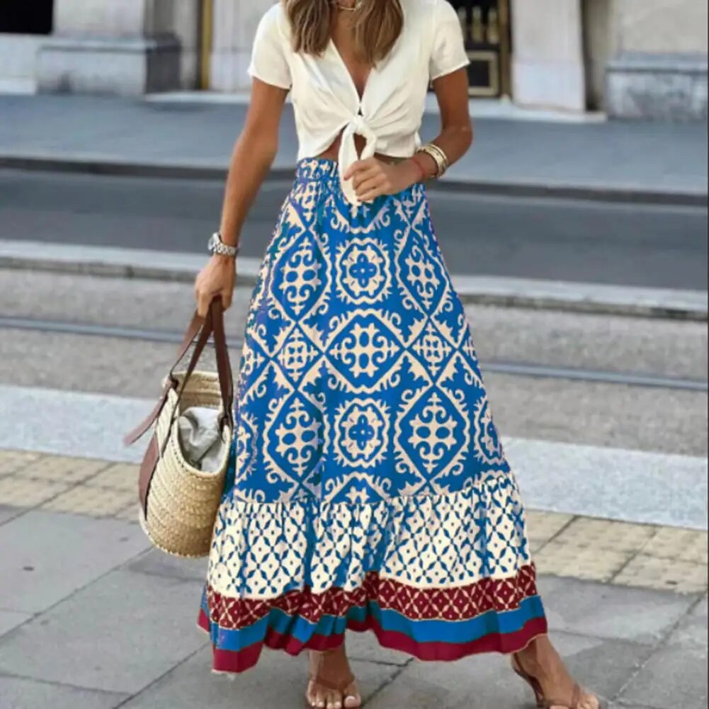 Drew | Women's Boho Geometric Print Tiered Maxi Skirt