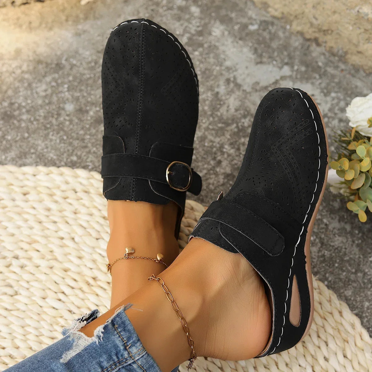 Delphine | Women's Vintage Clogs with Perforated Design Buckle Strap
