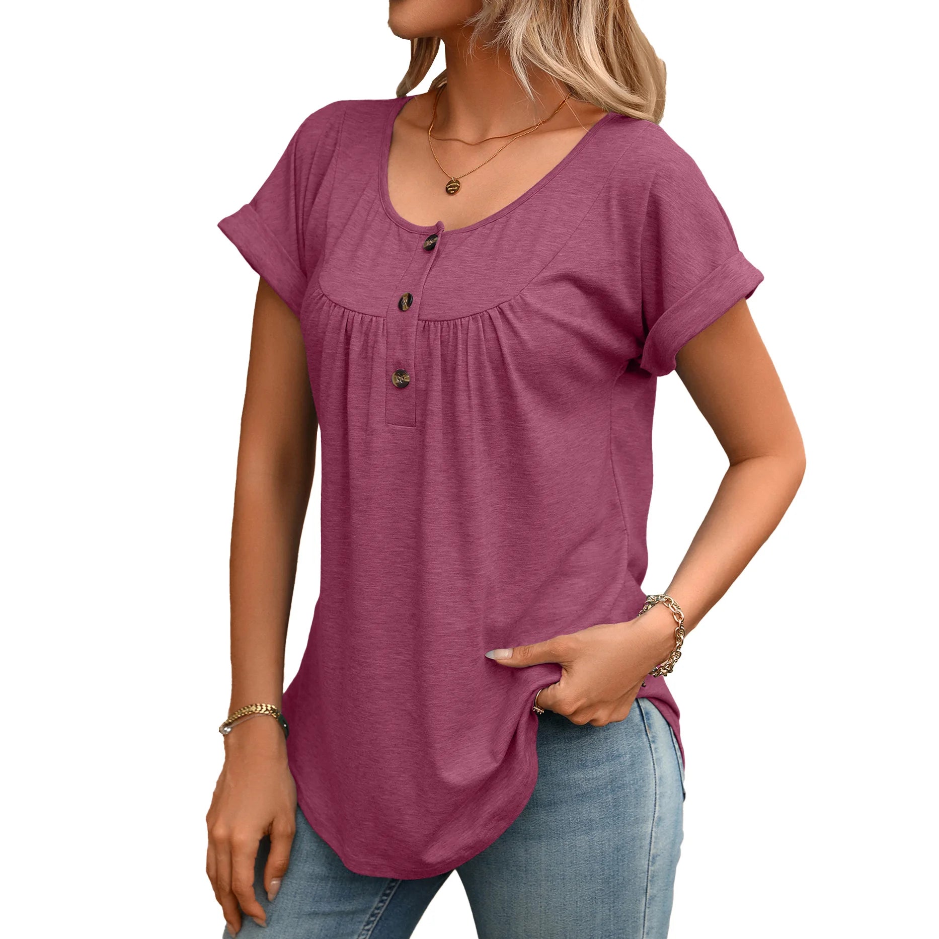 Montague | Women's Scoop Neck Button Detail Loose Blouse