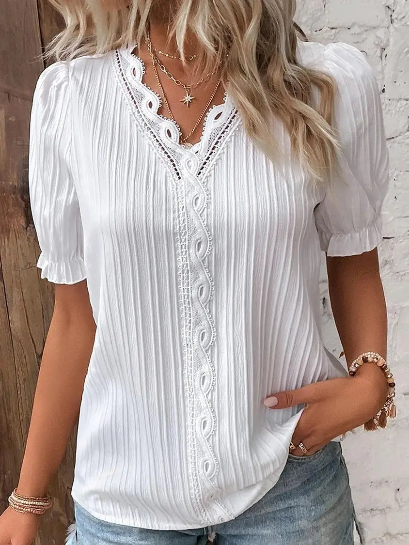 Gwenllian | Women's Lace Trim V-Neck Pleated Blouse