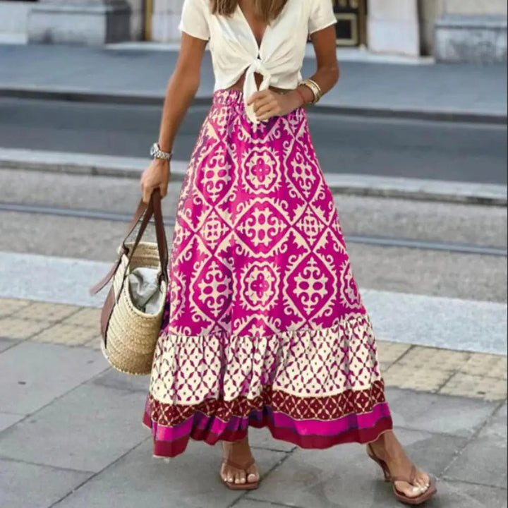 Drew | Women's Boho Geometric Print Tiered Maxi Skirt