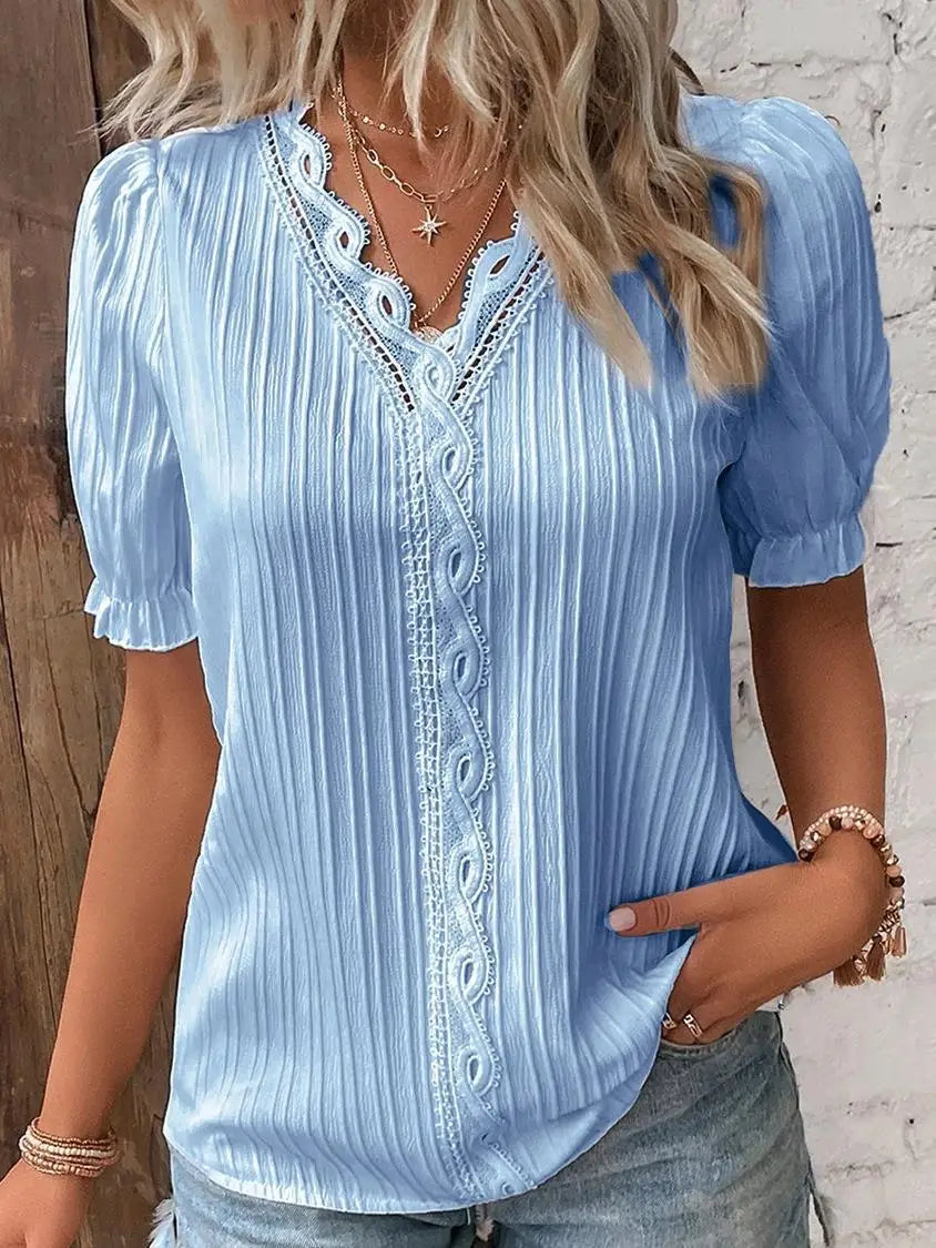 Gwenllian | Women's Lace Trim V-Neck Pleated Blouse