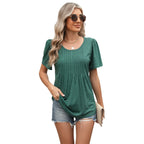 Jebediah | Women's Puff Sleeve Pleated Peplum Round Neck Loose Top
