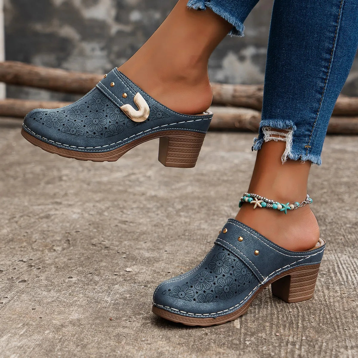 Lorelei | Women's Chic Heeled Slip On Clogs with Buckle Detail
