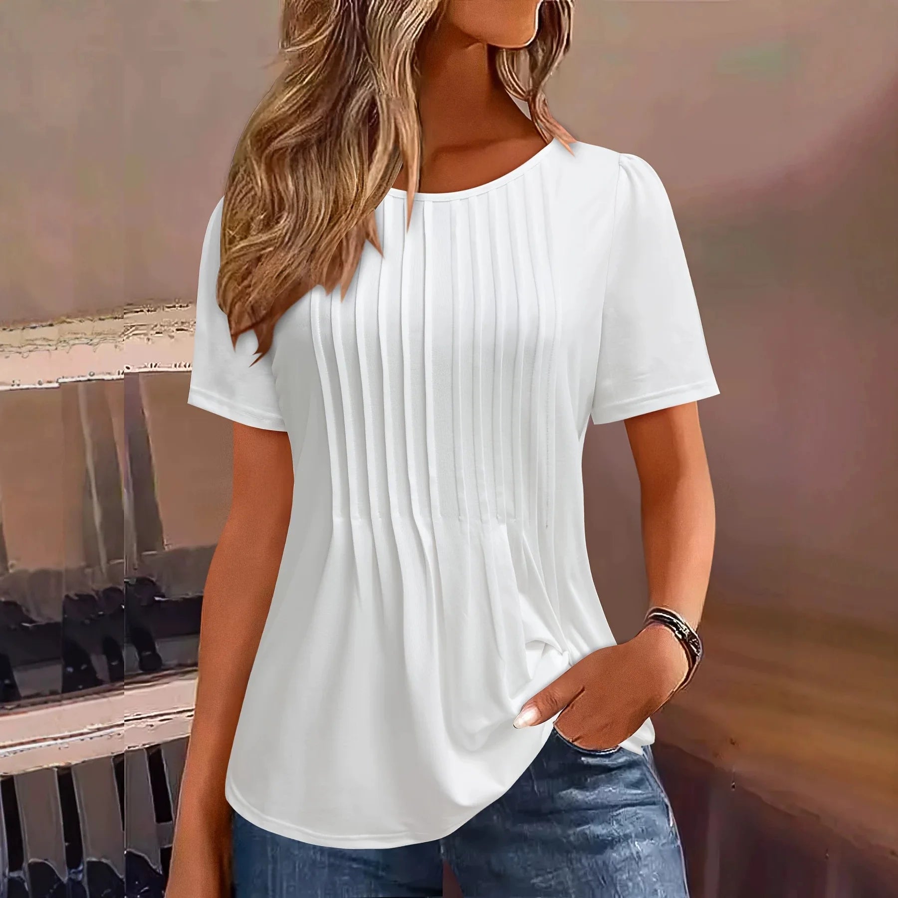 Oisin | Women's Pleated Front Round Neck Short Sleeve Loose Top