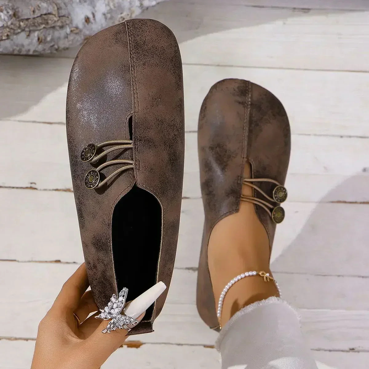 Evarra | Women's Button Detail Slip-On Flat Loafers