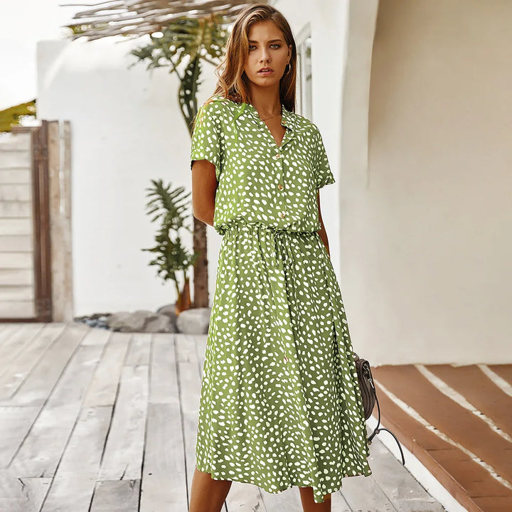 Eadric | Women's Floral Short Sleeve Belted Midi Summer Dress