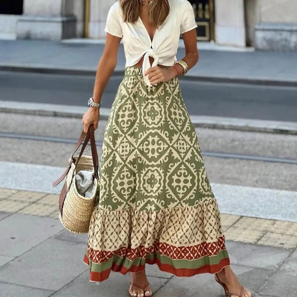 Drew | Women's Boho Geometric Print Tiered Maxi Skirt