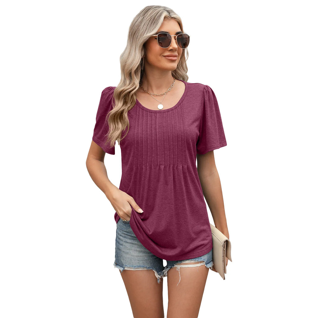Jebediah | Women's Puff Sleeve Pleated Peplum Round Neck Loose Top