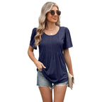 Jebediah | Women's Puff Sleeve Pleated Peplum Round Neck Loose Top