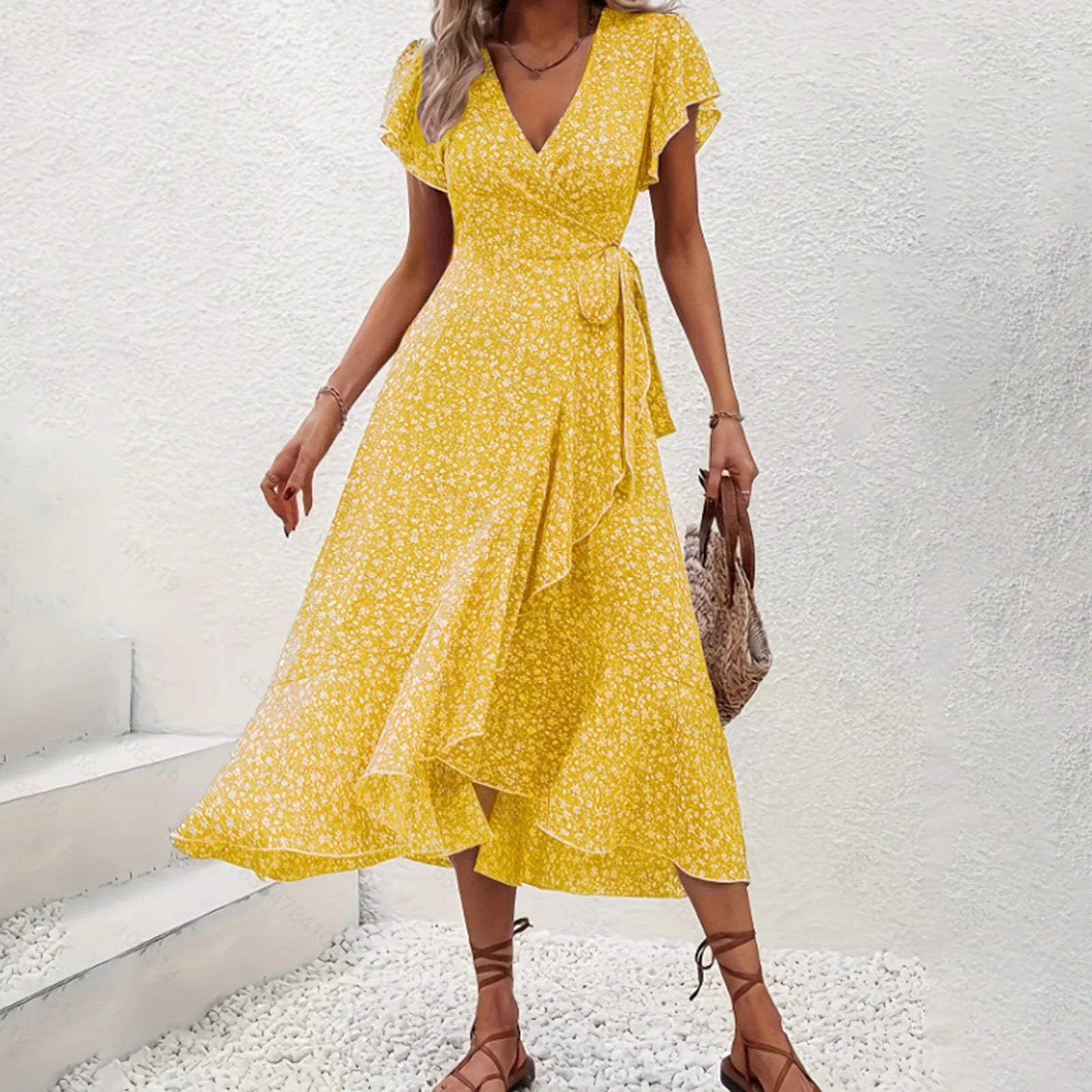 Ysabeau | Women's Floral Wrap Ruffle Hem Midi Summer Dress