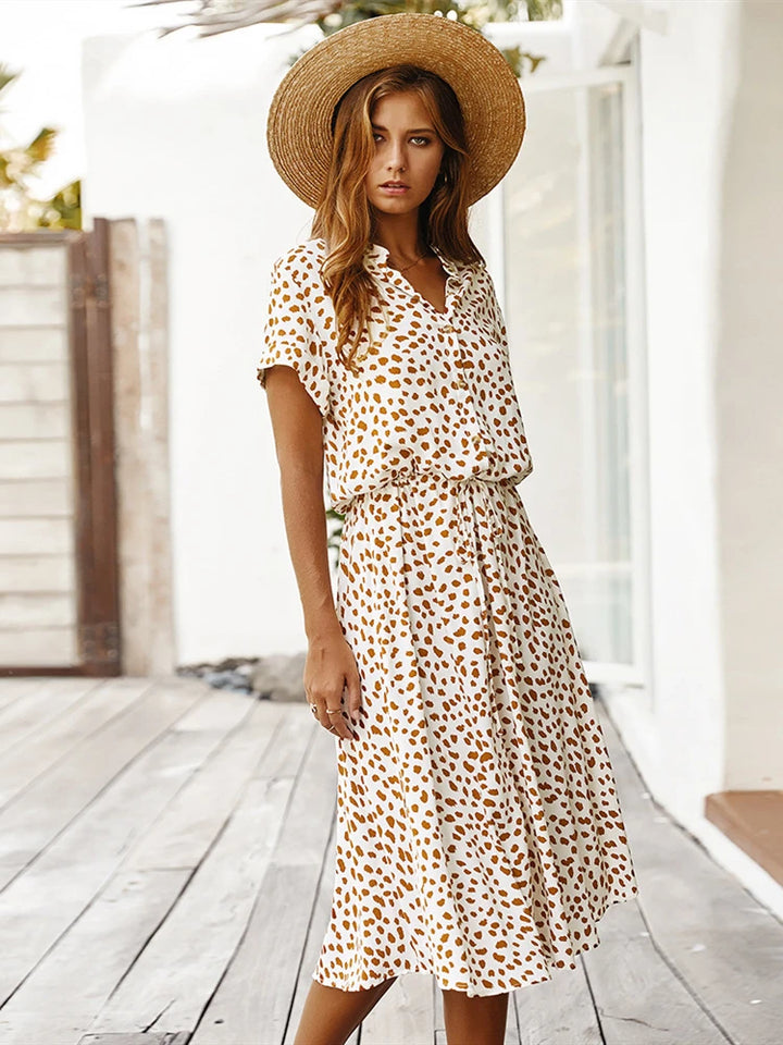 Eadric | Women's Floral Short Sleeve Belted Midi Summer Dress