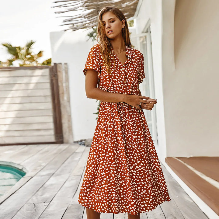 Eadric | Women's Floral Short Sleeve Belted Midi Summer Dress