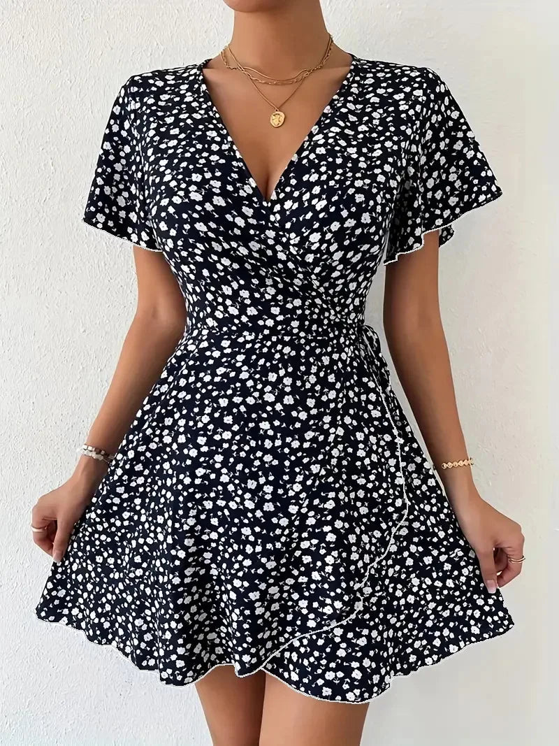 Luthais | Women's Floral Wrap V-Neck Mini Dress