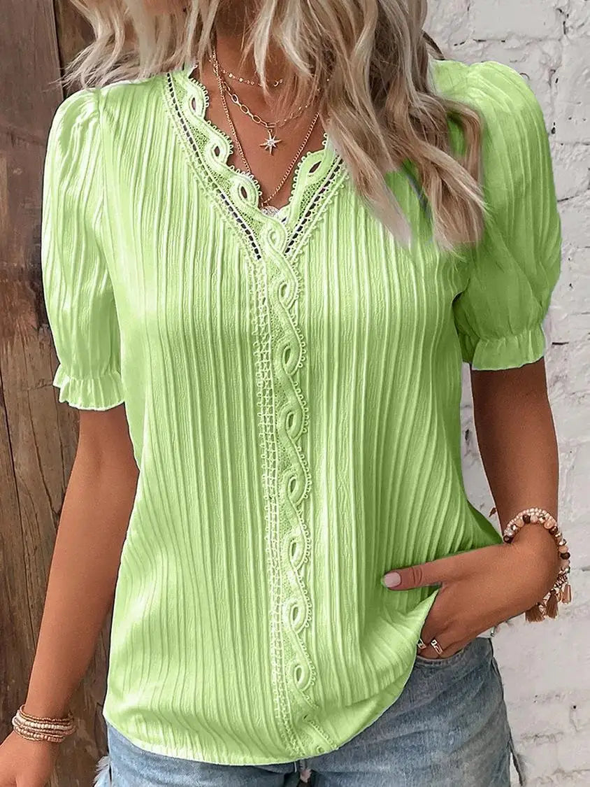 Gwenllian | Women's Lace Trim V-Neck Pleated Blouse