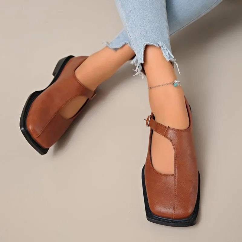 Hazel | Women's Chic Leather Mary Janes with Square Toe and Buckle Strap
