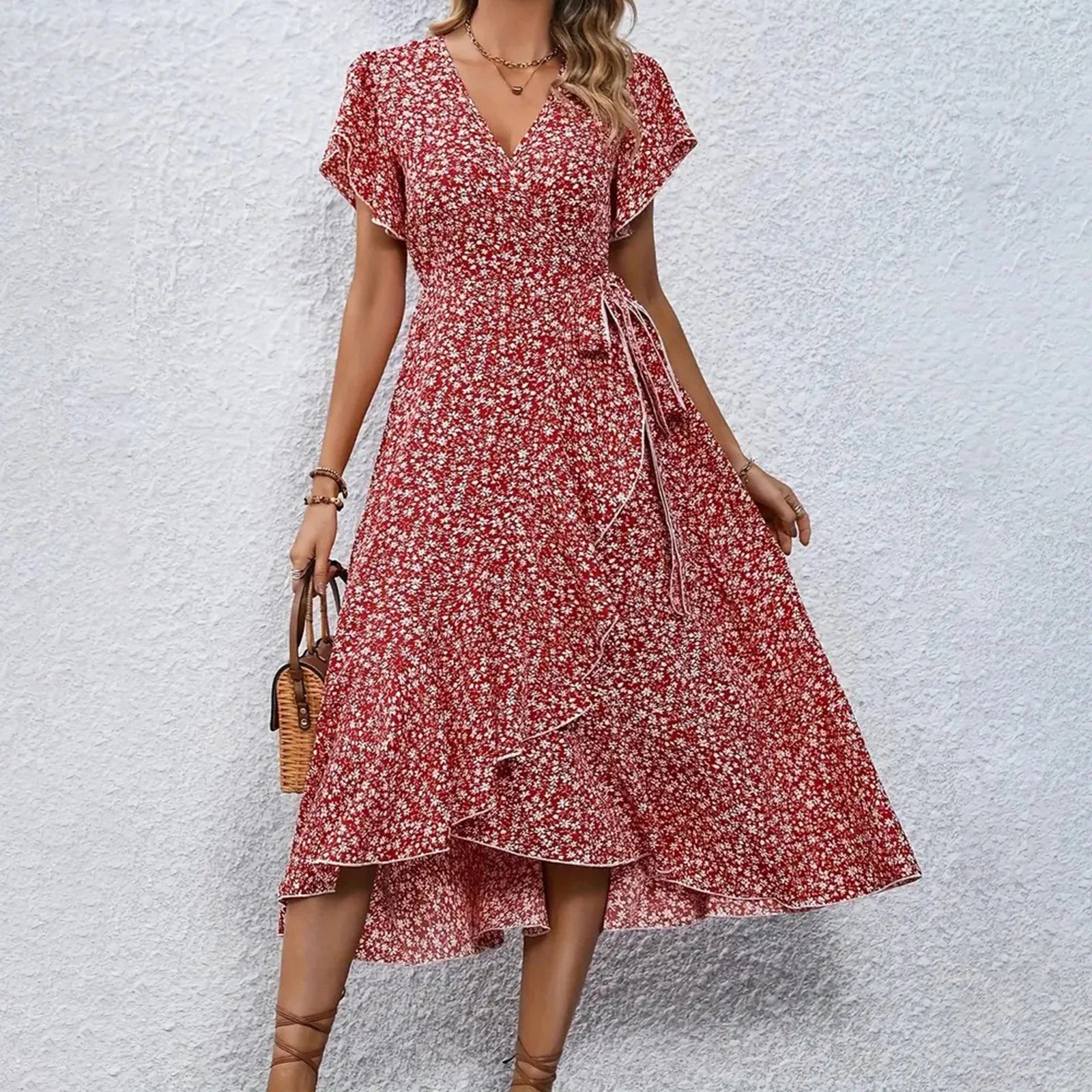 Ysabeau | Women's Floral Wrap Ruffle Hem Midi Summer Dress