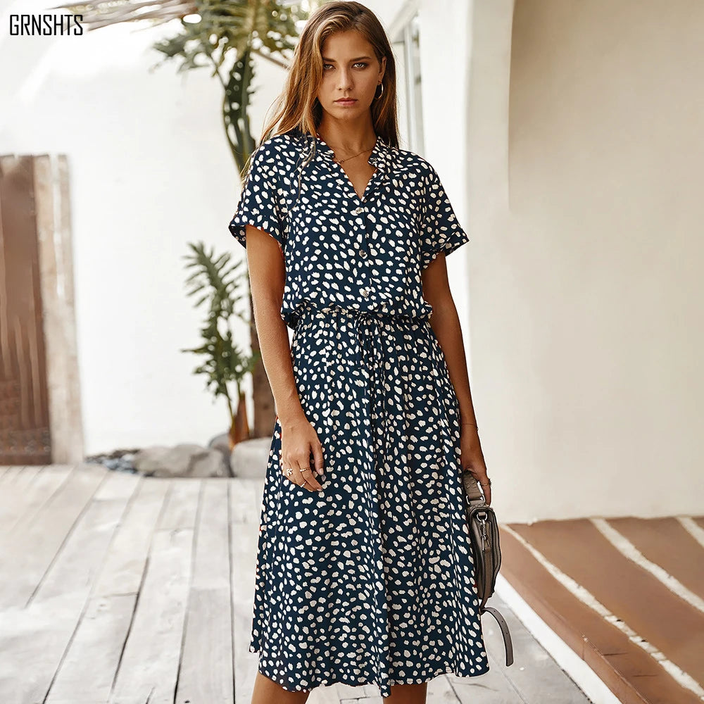 Eadric | Women's Floral Short Sleeve Belted Midi Summer Dress