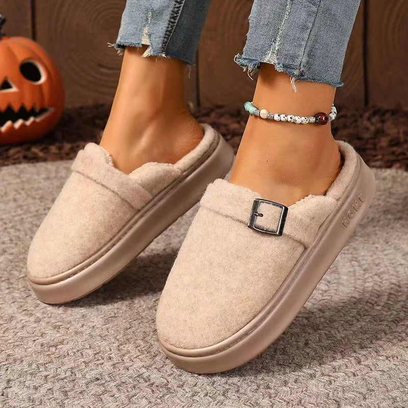 Isolde | Women's Fuzzy Slide-In Sandals with Buckle Detail