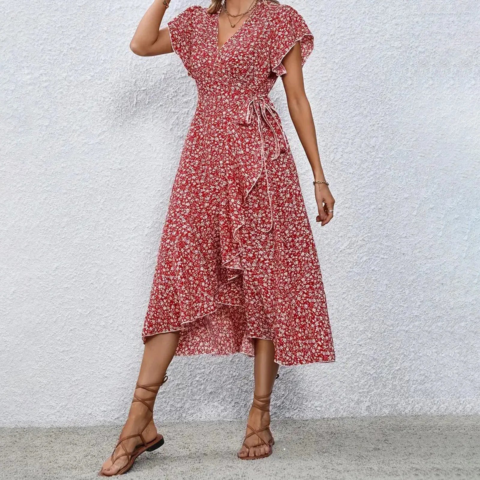 Ysabeau | Women's Floral Wrap Ruffle Hem Midi Summer Dress