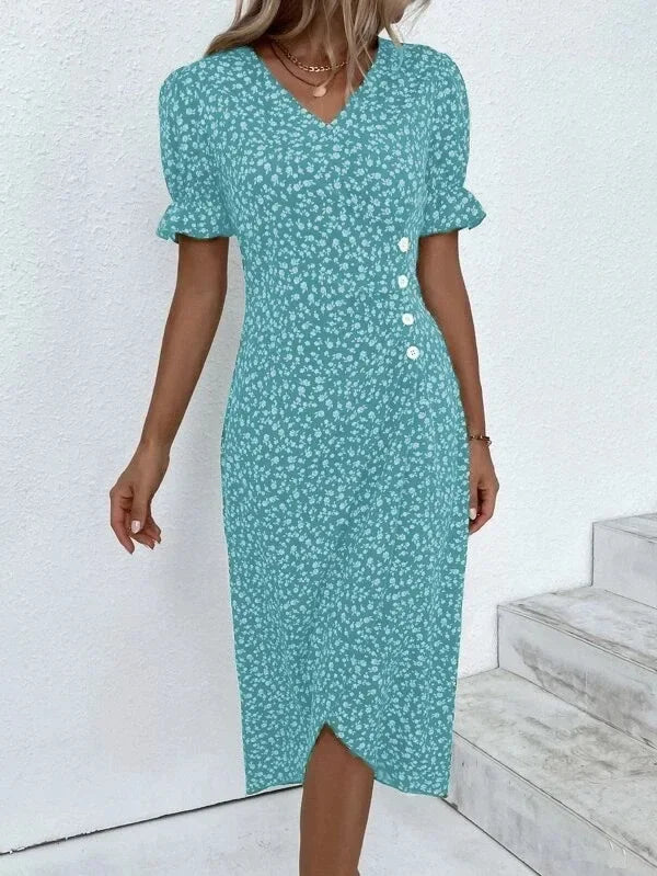 Jobst | Women's Floral Button Front Puff Sleeve Midi Dress