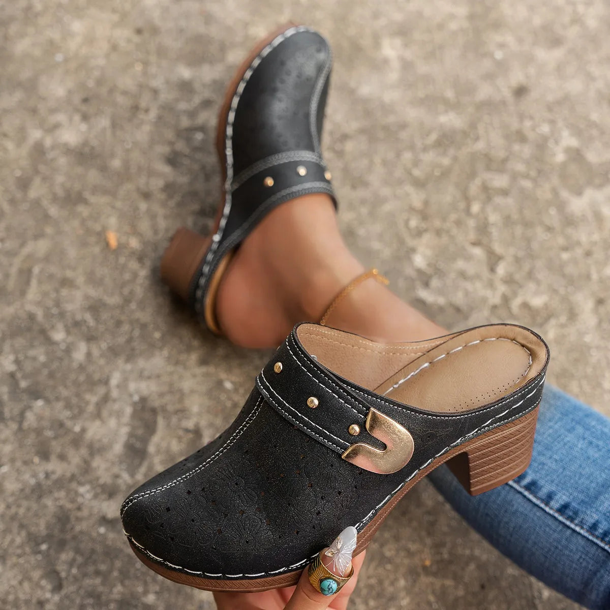 Lorelei | Women's Chic Heeled Slip On Clogs with Buckle Detail