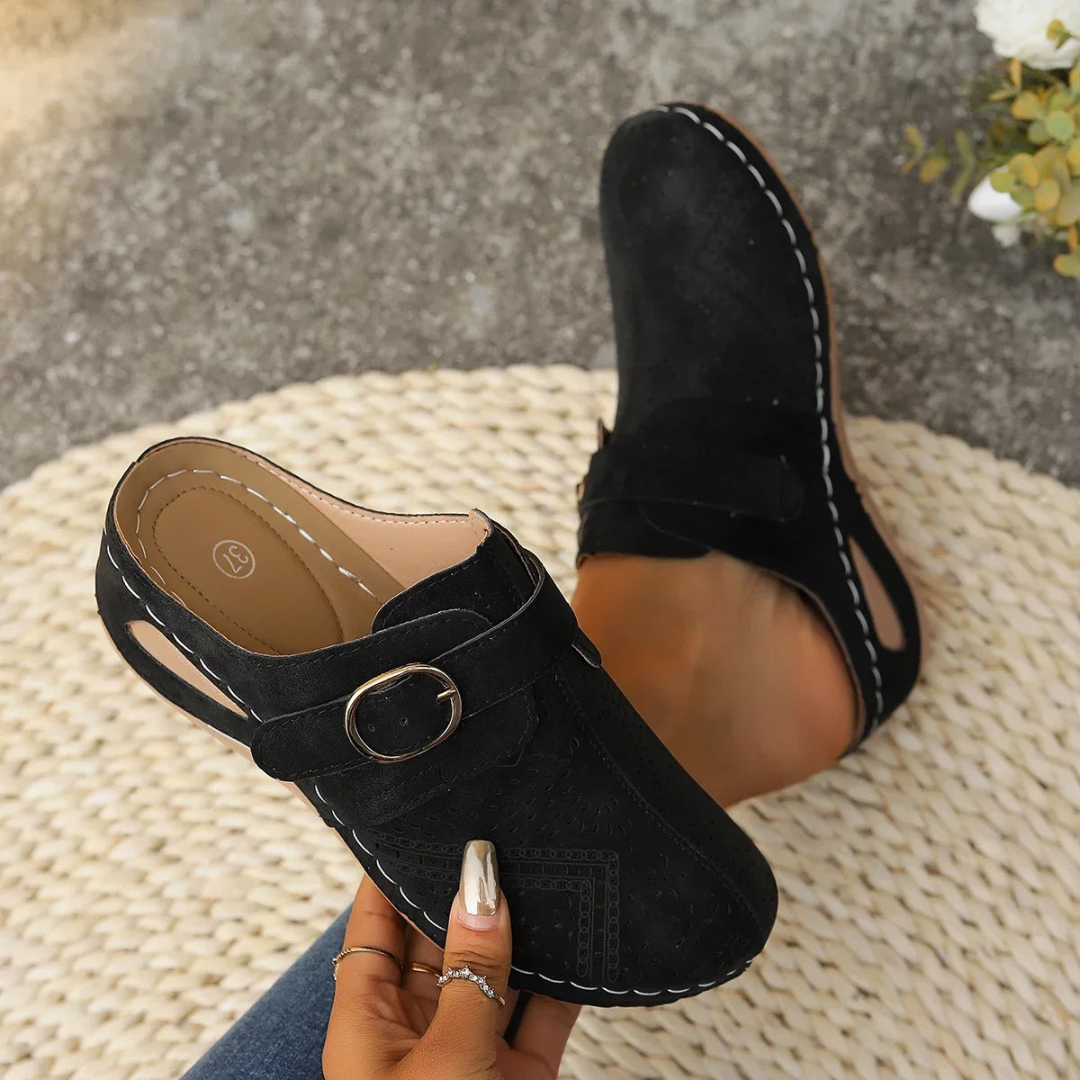 Delphine | Women's Vintage Clogs with Perforated Design Buckle Strap
