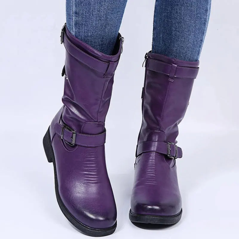 Xylara | Women's Buckle Strap Side Zip Mid-Calf Boots