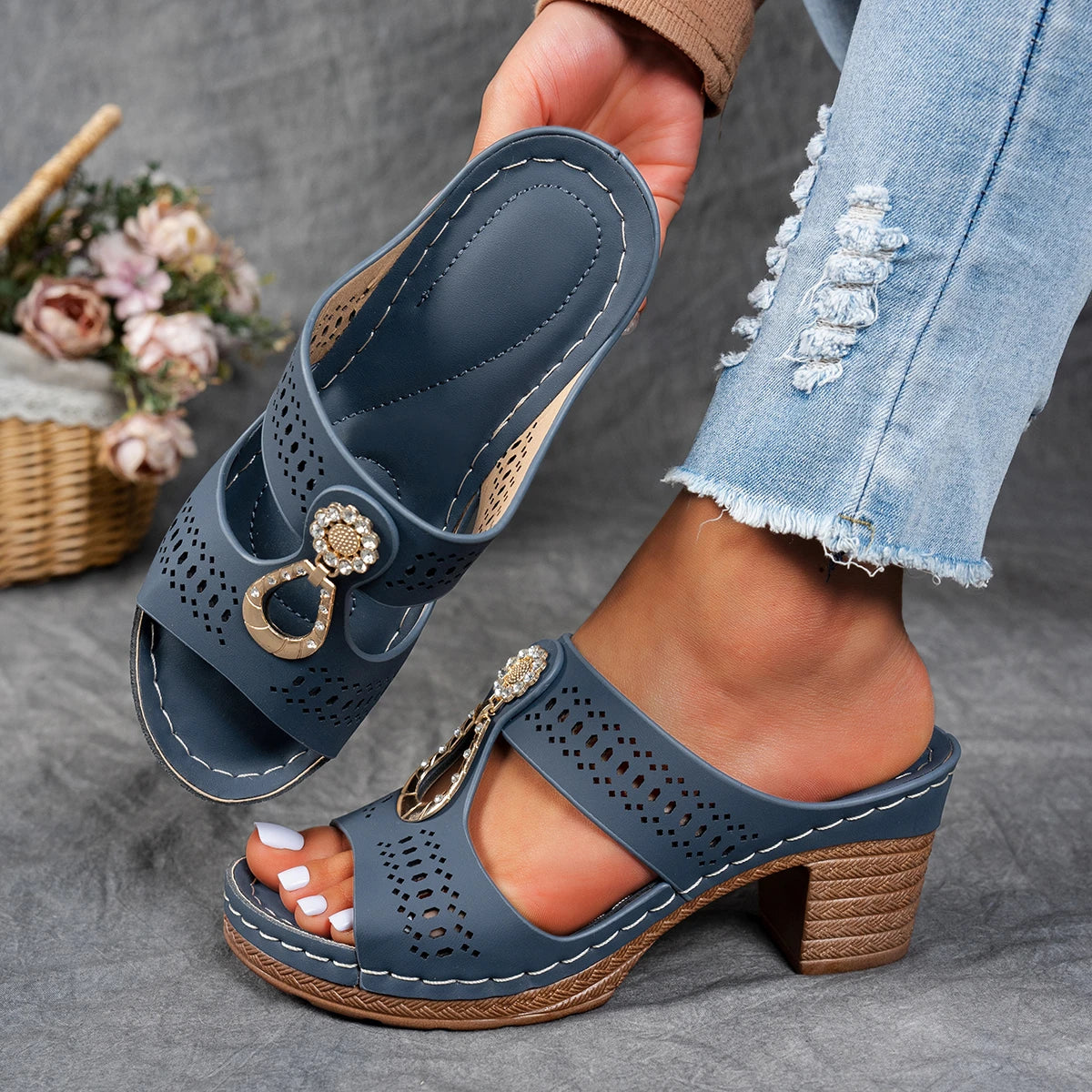 Maris | Women's Stylish Block Heeled Sandals with Perforated Detail