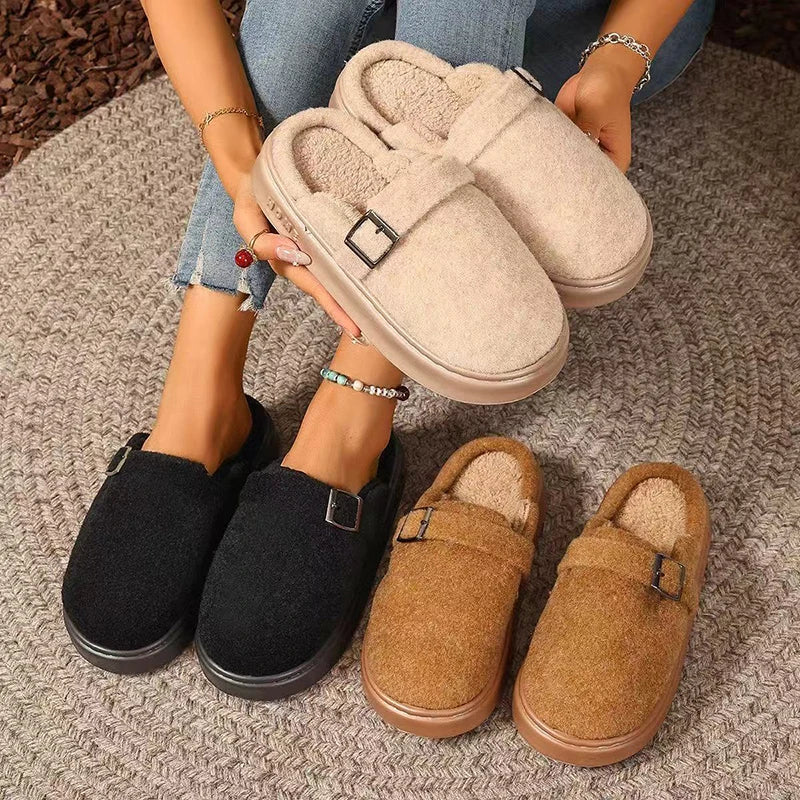 Isolde | Women's Fuzzy Slide-In Sandals with Buckle Detail