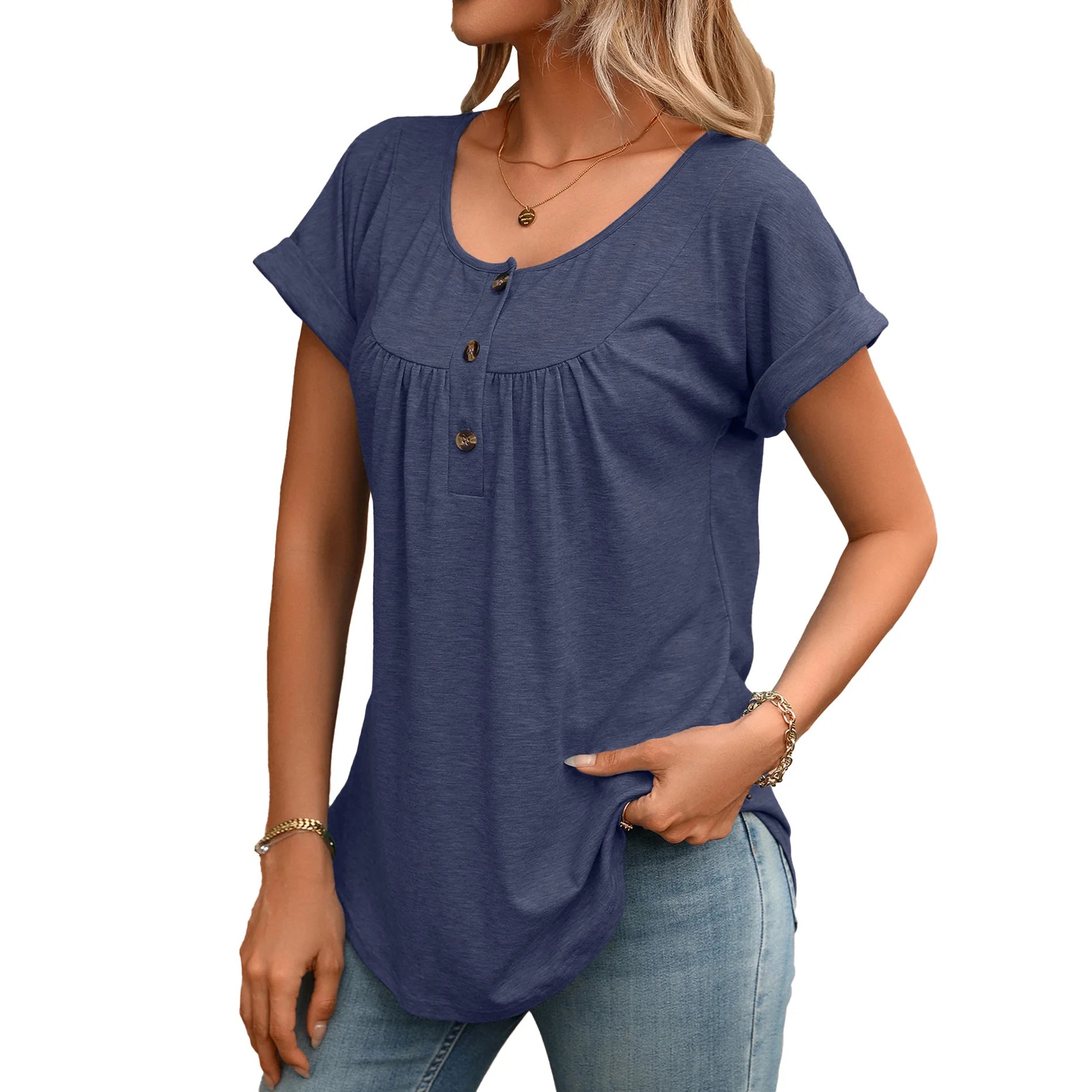 Montague | Women's Scoop Neck Button Detail Loose Blouse