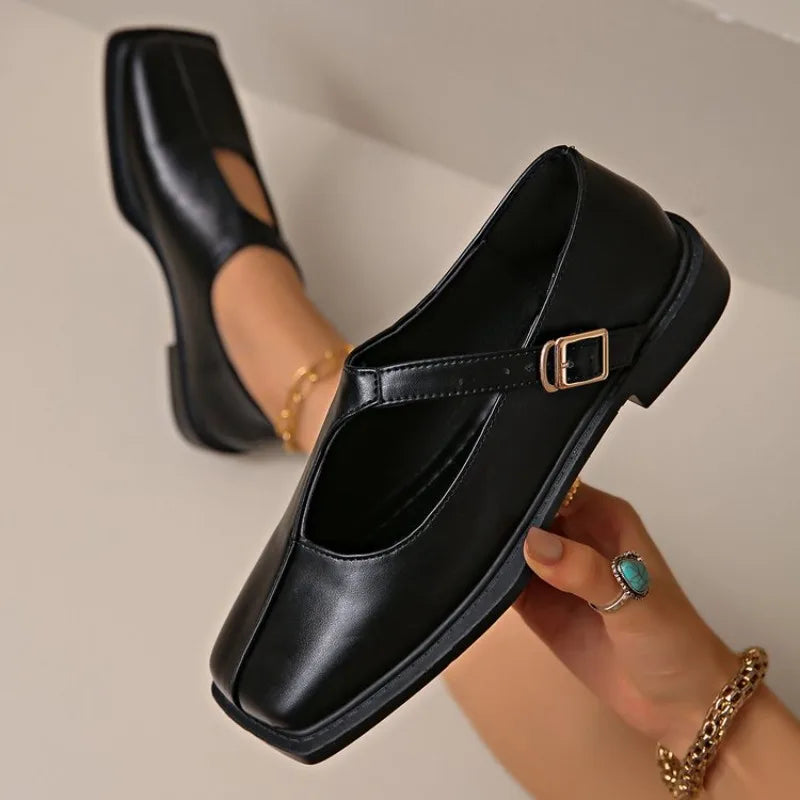 Hazel | Women's Chic Leather Mary Janes with Square Toe and Buckle Strap