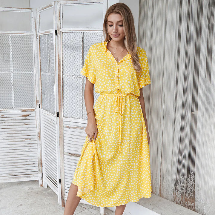 Eadric | Women's Floral Short Sleeve Belted Midi Summer Dress