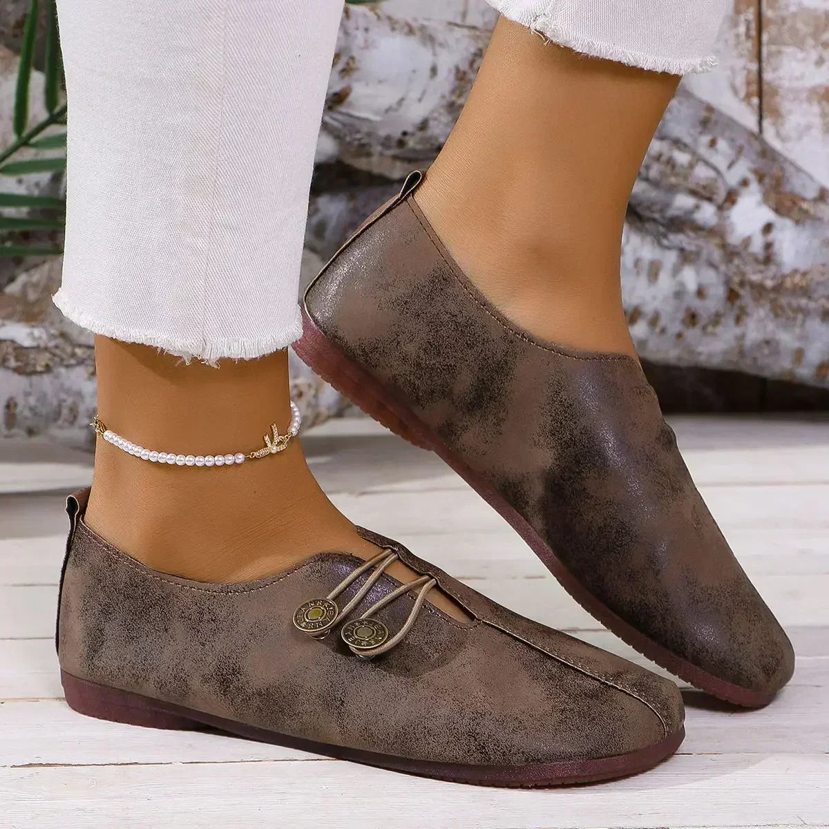 Evarra | Women's Button Detail Slip-On Flat Loafers