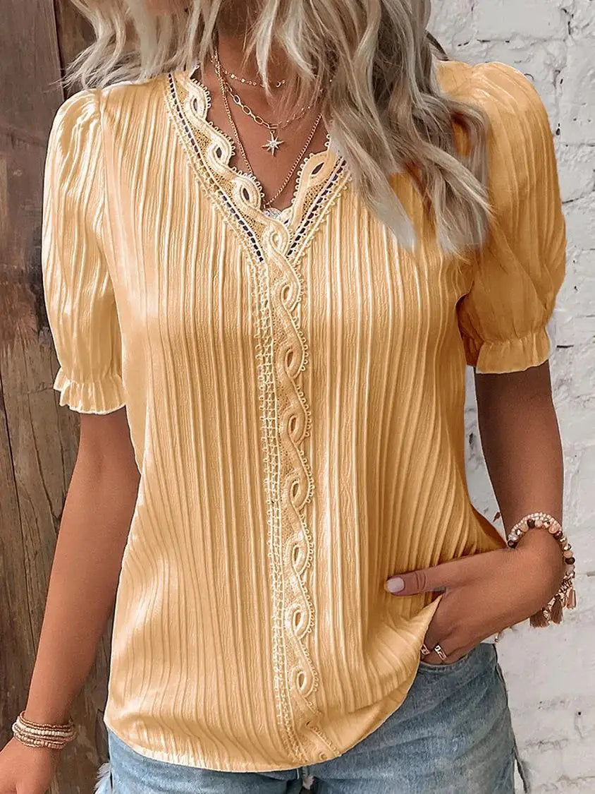Gwenllian | Women's Lace Trim V-Neck Pleated Blouse