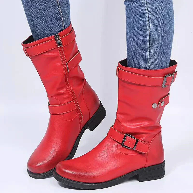 Xylara | Women's Buckle Strap Side Zip Mid-Calf Boots