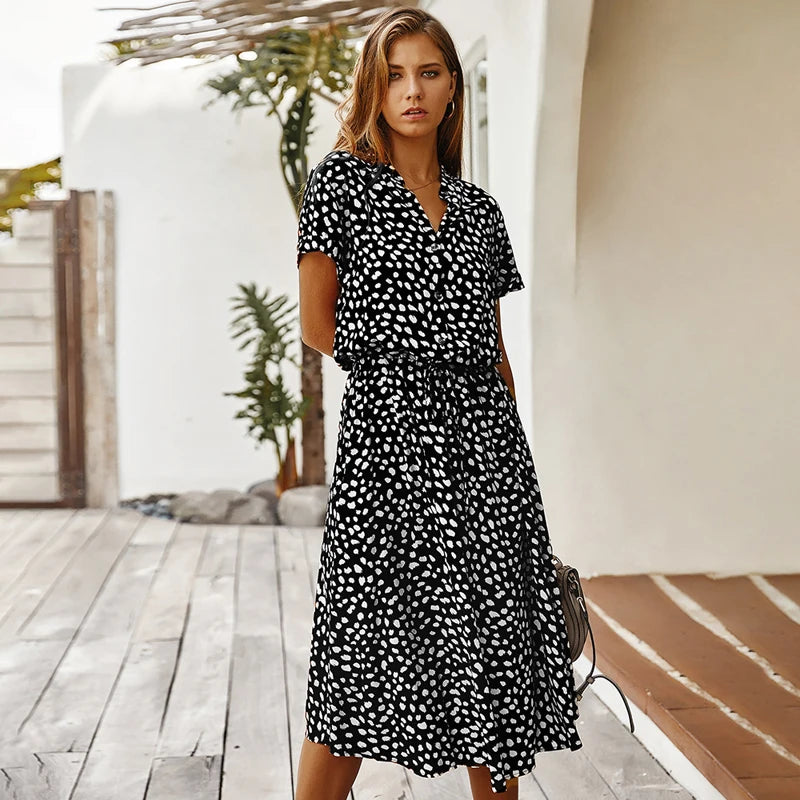 Eadric | Women's Floral Short Sleeve Belted Midi Summer Dress