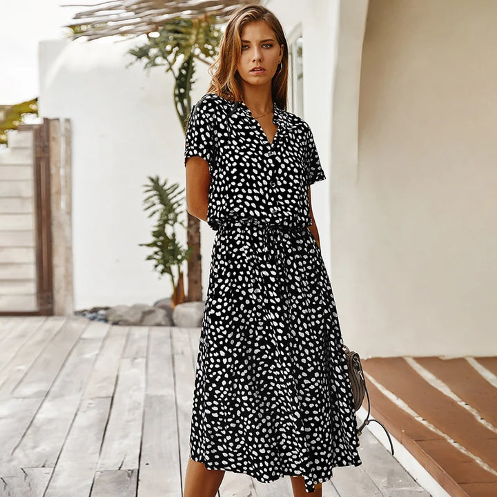 Eadric | Women's Floral Short Sleeve Belted Midi Summer Dress