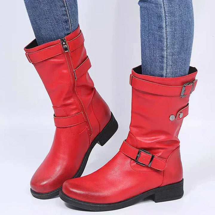Xylara | Women's Buckle Strap Side Zip Mid-Calf Boots