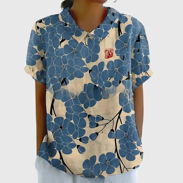Zyelle | Women's Floral Print Short Sleeve Collared Blouse