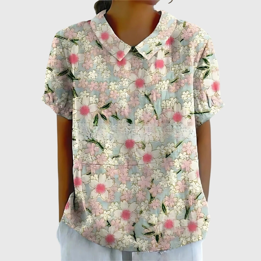 Zyelle | Women's Floral Print Short Sleeve Collared Blouse