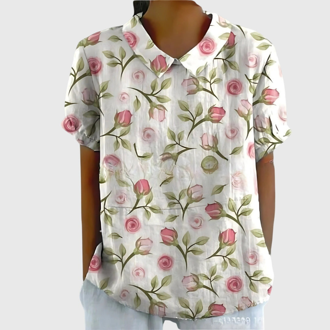 Zyelle | Women's Floral Print Short Sleeve Collared Blouse