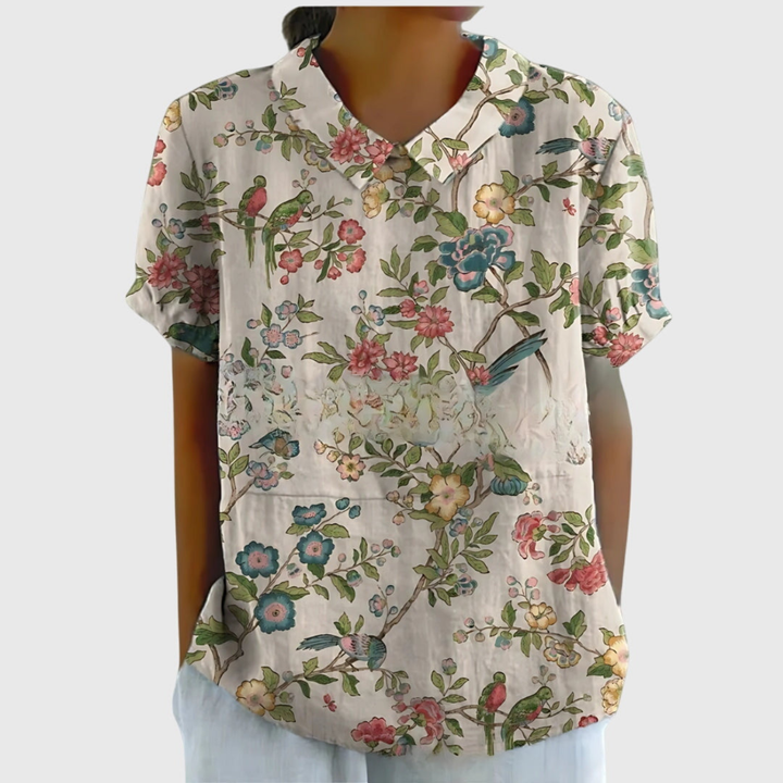 Zyelle | Women's Floral Print Short Sleeve Collared Blouse